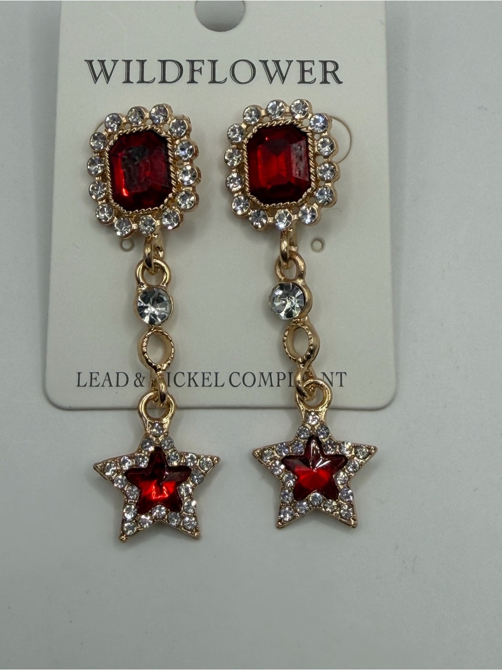 Wildflowers Gold-Tone Red Crystal Star Drop Earrings